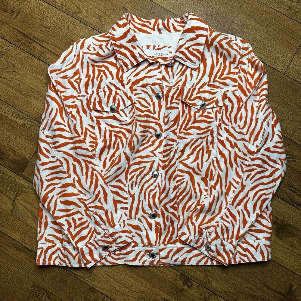 Lucy & Laurel Woman Orange White Zebra Print 100% Linen Jacket Plus‎ Size 1X